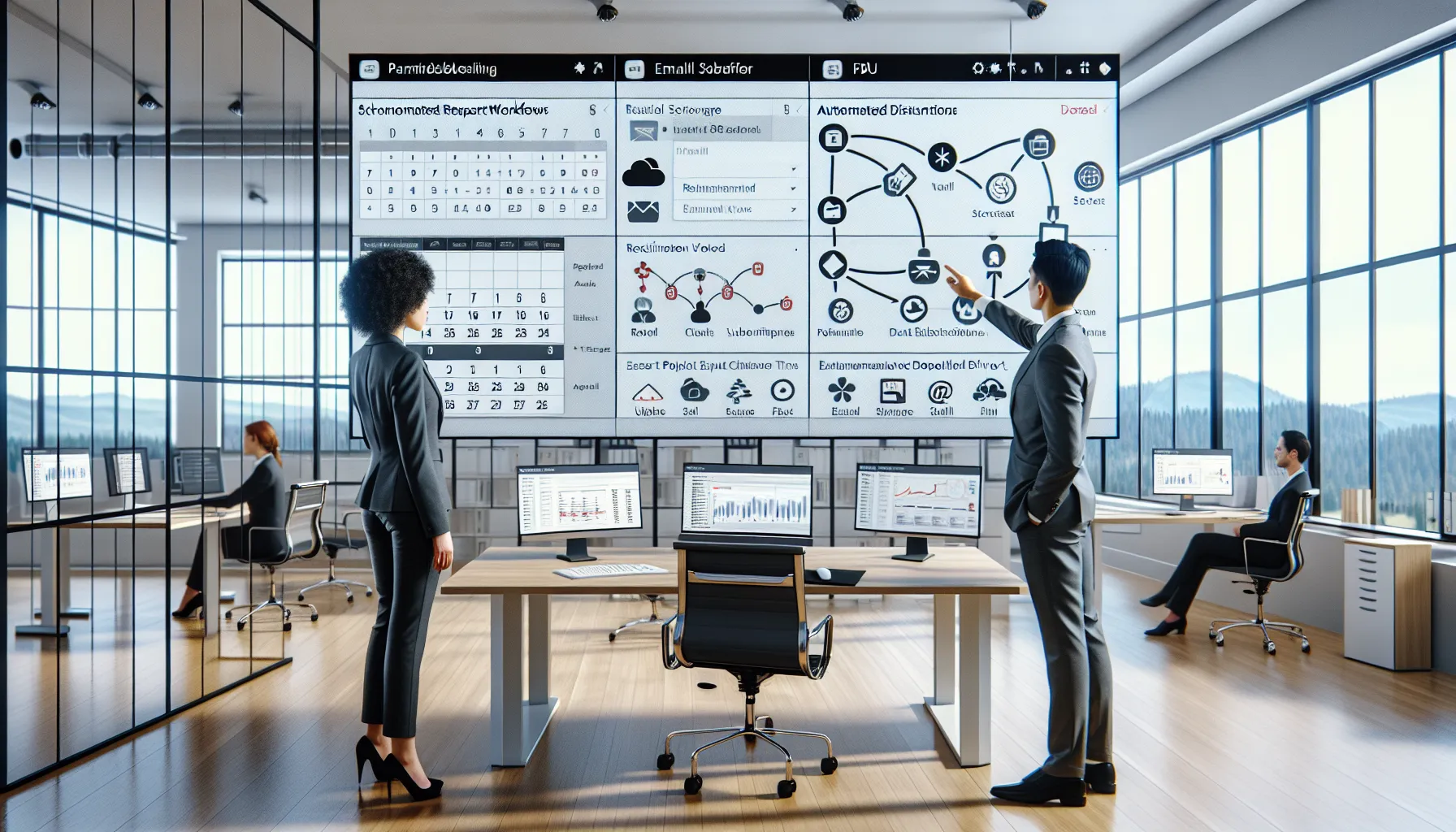 Professionals review automated Tableau report scheduling and email distribution on office monitors.