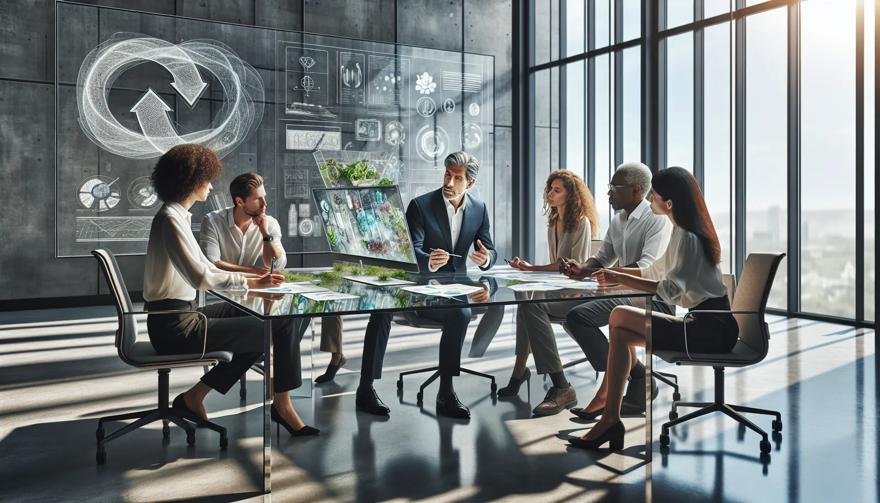 diverse team collaborating on sustainable product designs in a modern office.
