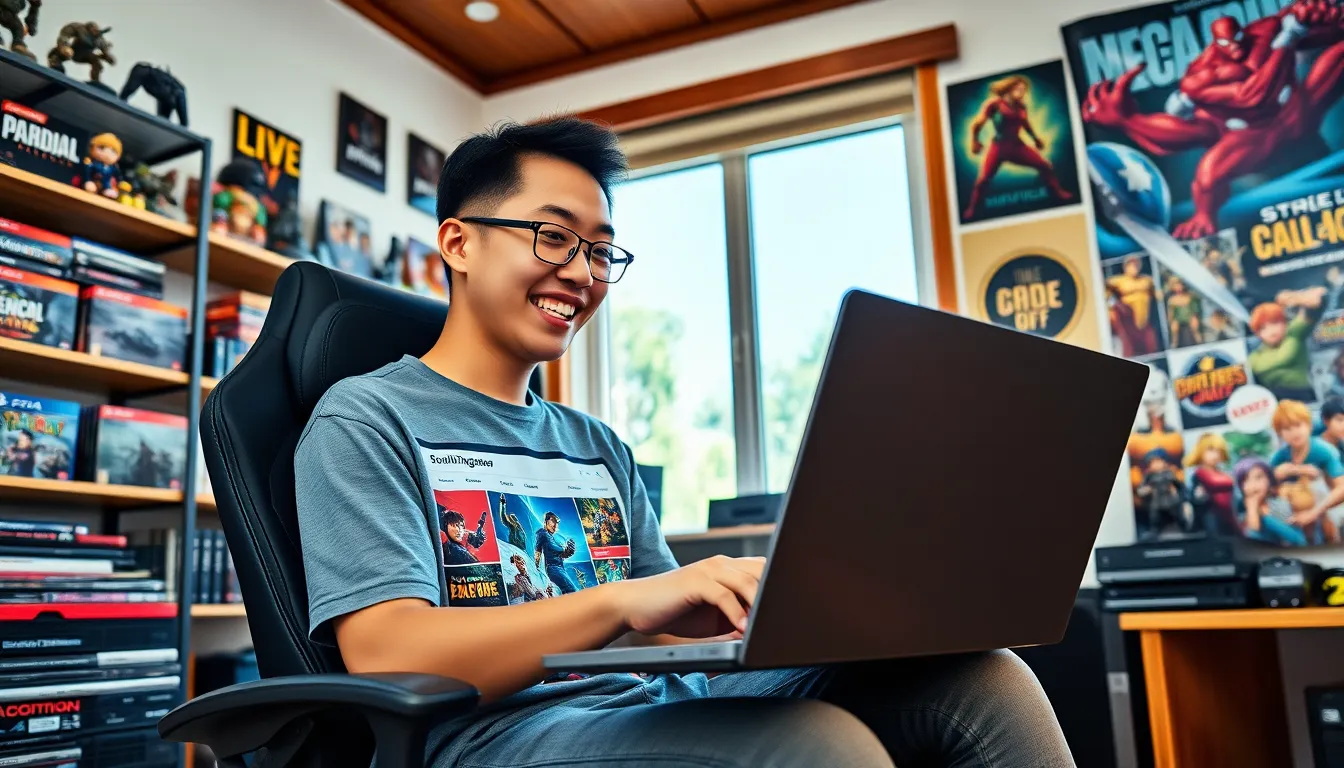 A young Asian gamer in a home office, engaged with a gaming website.