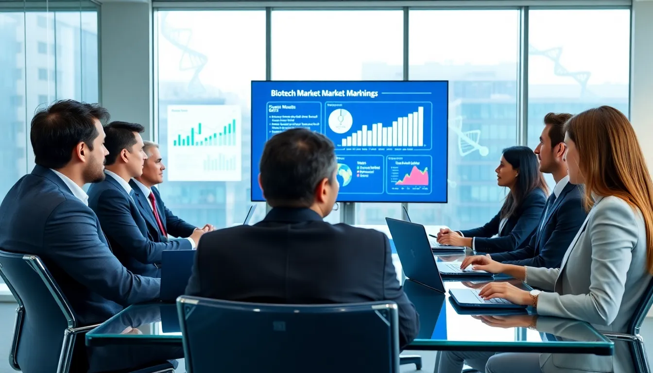 diverse team in a modern conference room discussing biotech investments.