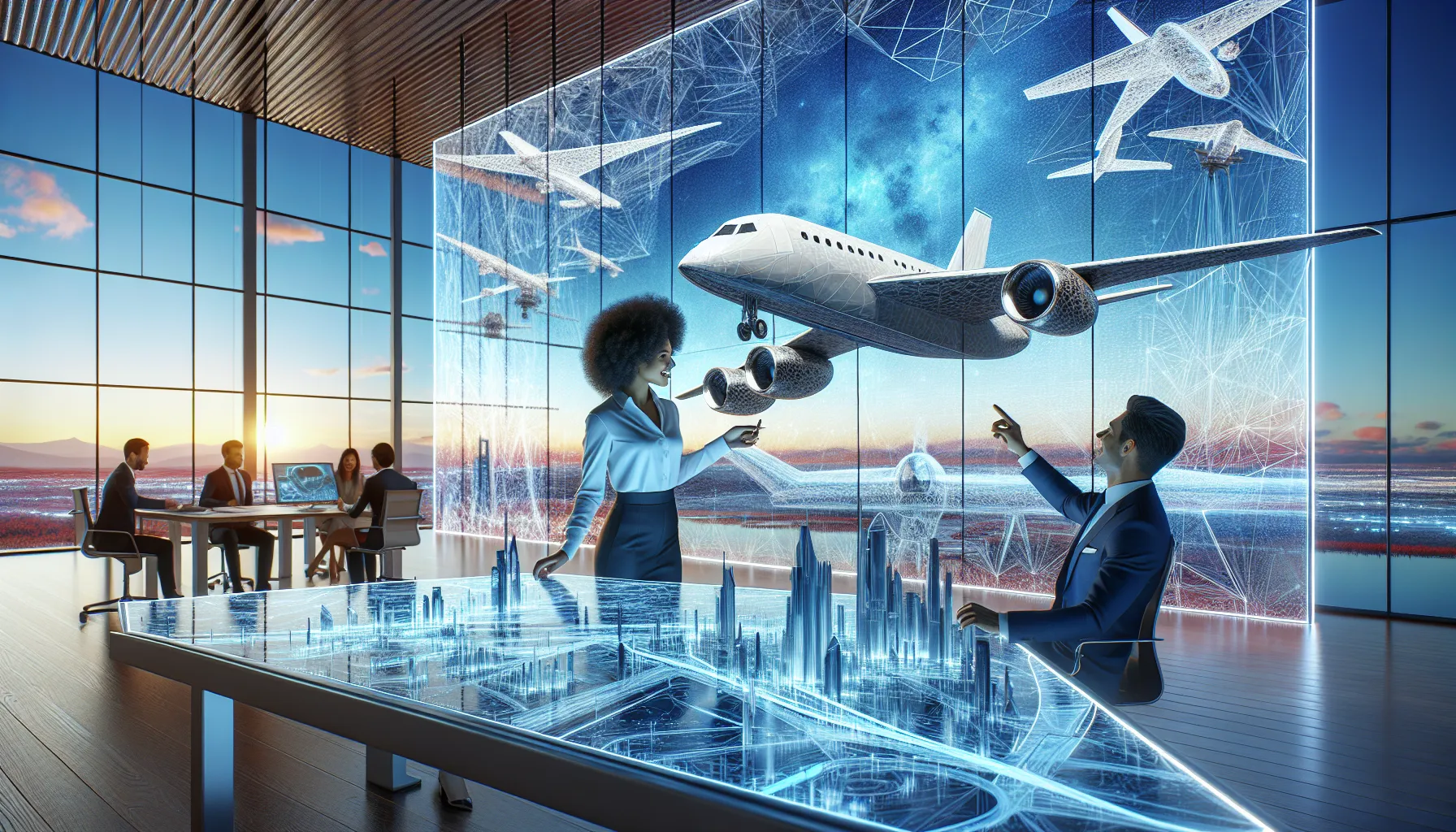 diverse team brainstorming future aviation and space technology concepts.