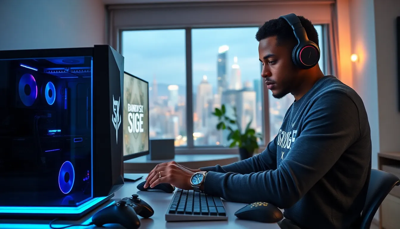 gamer in a modern setup showcasing Rainbow Six Siege on a monitor.