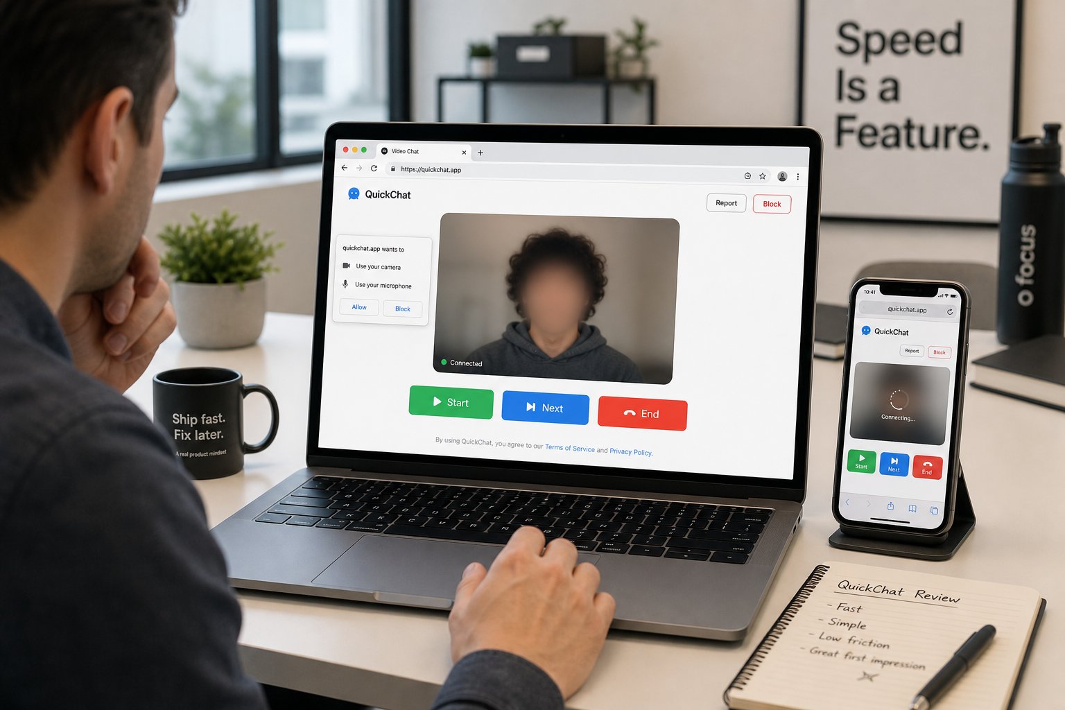 Professional reviewing a fast video chat interface with clear start and report controls.