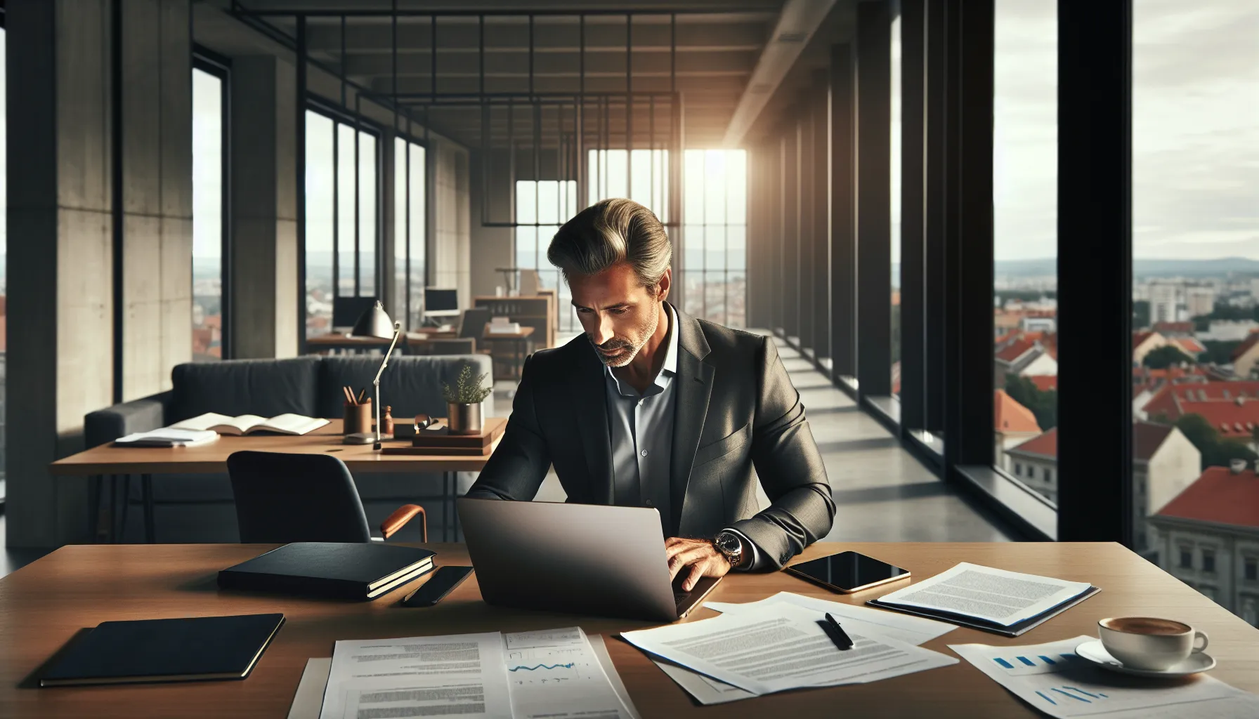 Croatian professional working on project contracts at modern office desk