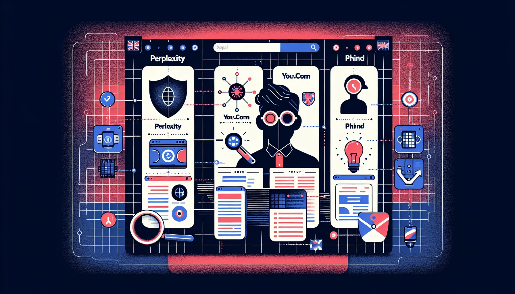 Comparison of AI search engines Perplexity, You.com, and Phind for UK users.