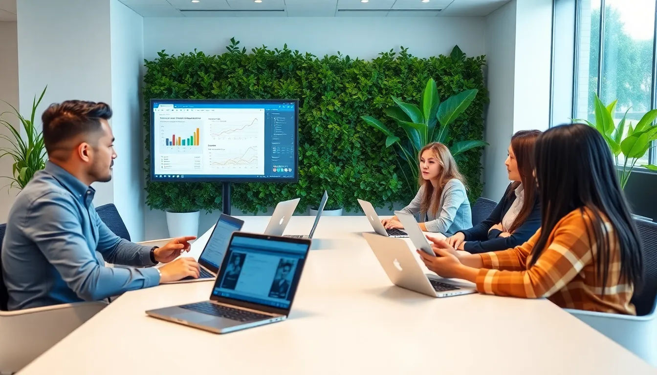 diverse professionals collaborating in a modern workspace using Nimuri159 software.