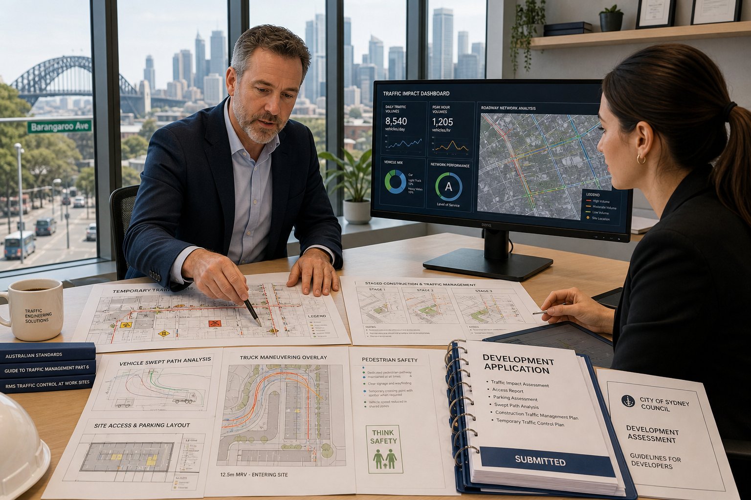 Traffic engineer reviewing Sydney project plans and approval documents in a modern office.