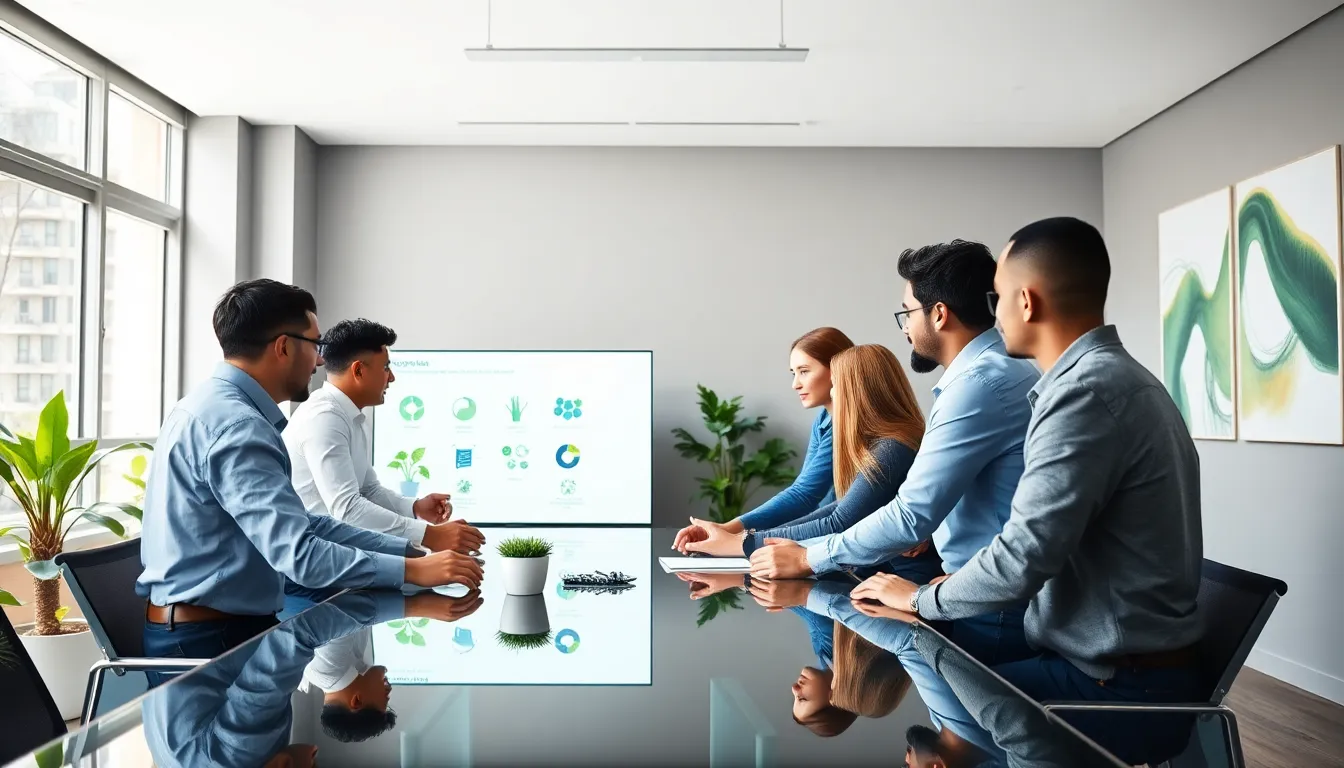 diverse team collaborating in a modern, eco-friendly office.