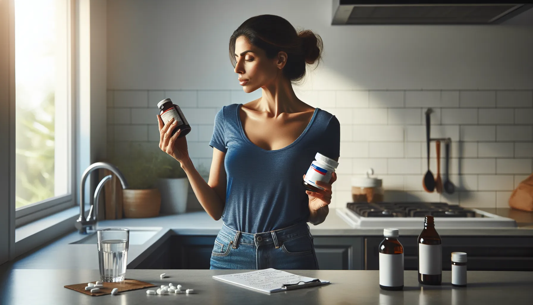 a woman comparing Tylenol and Ibuprofen in a bright kitchen.