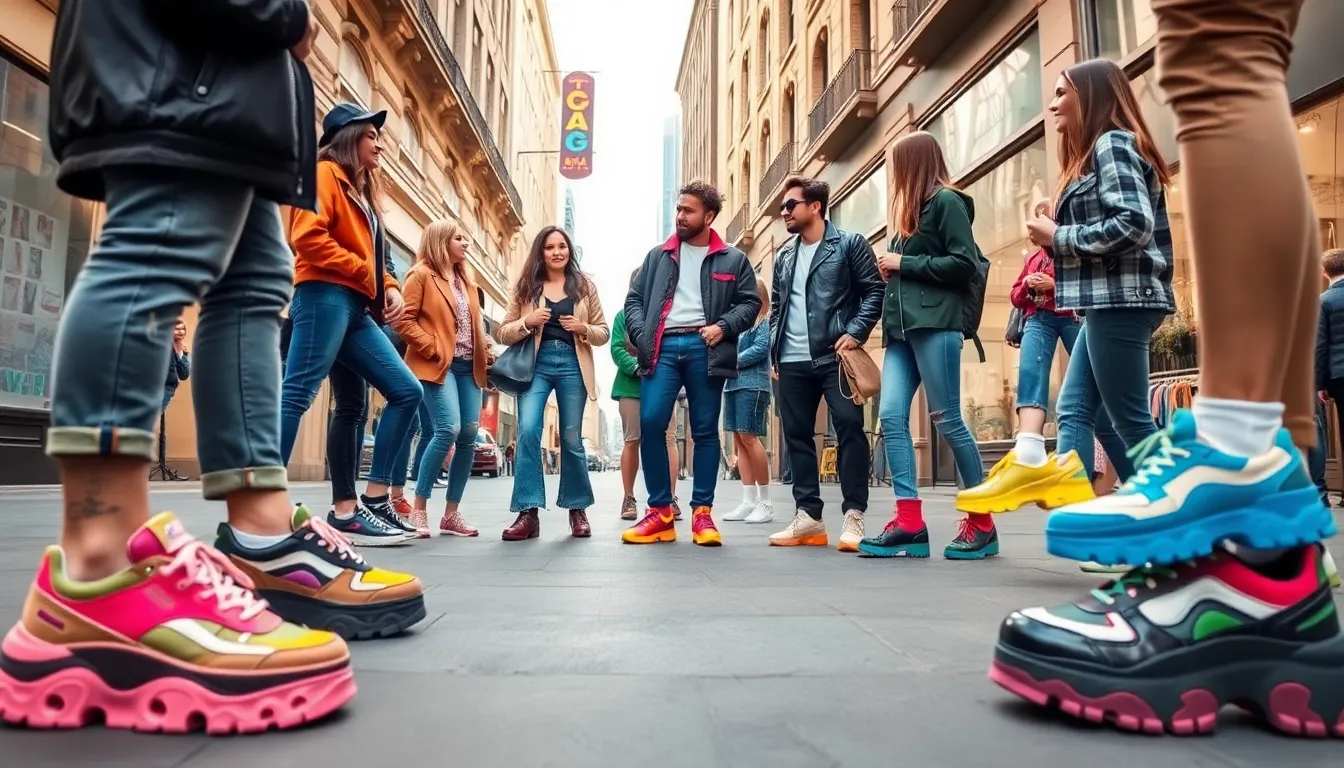 diverse group showcasing trending footwear styles in an urban setting.