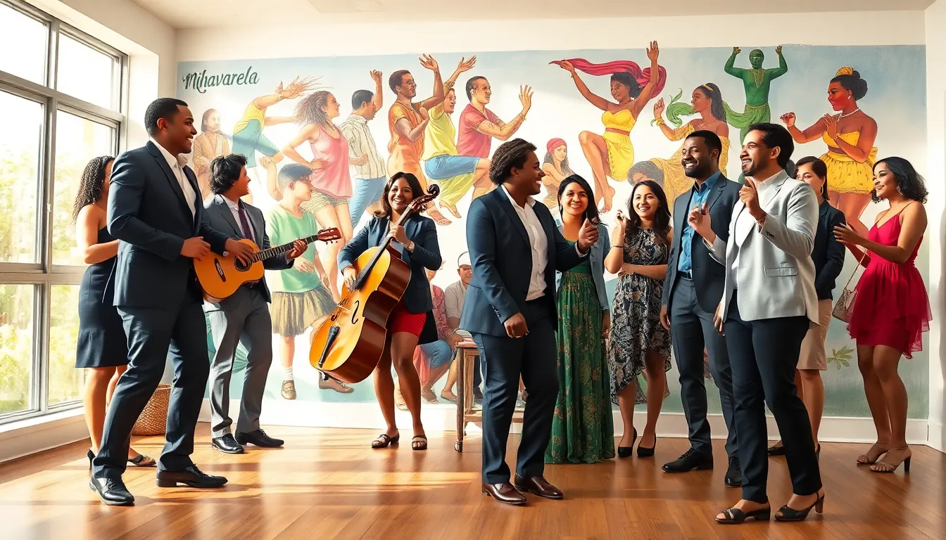 diverse group celebrating cultural expressions in a vibrant artistic setting.