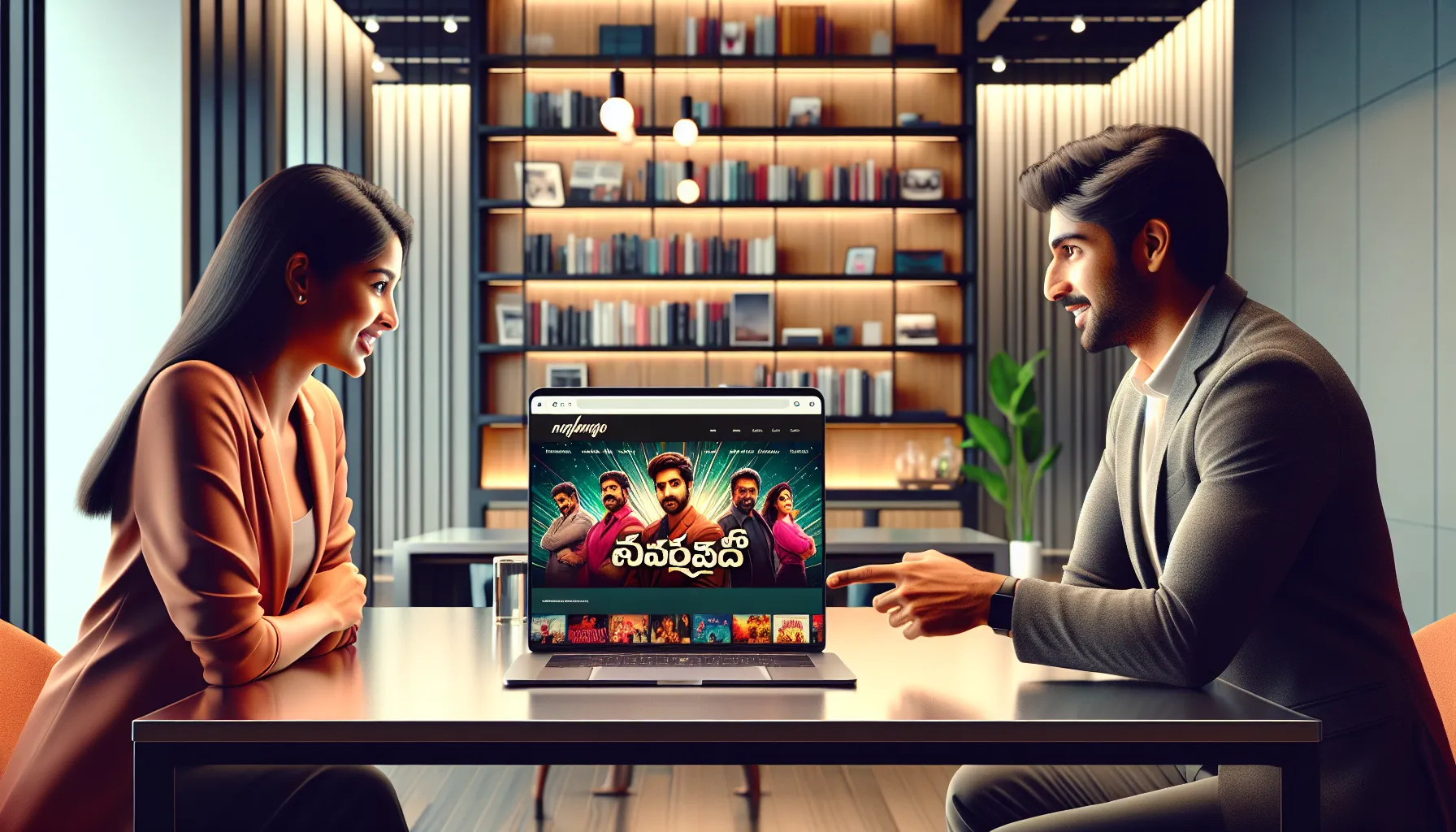 professionals discussing Telugu films on a laptop in a modern office.
