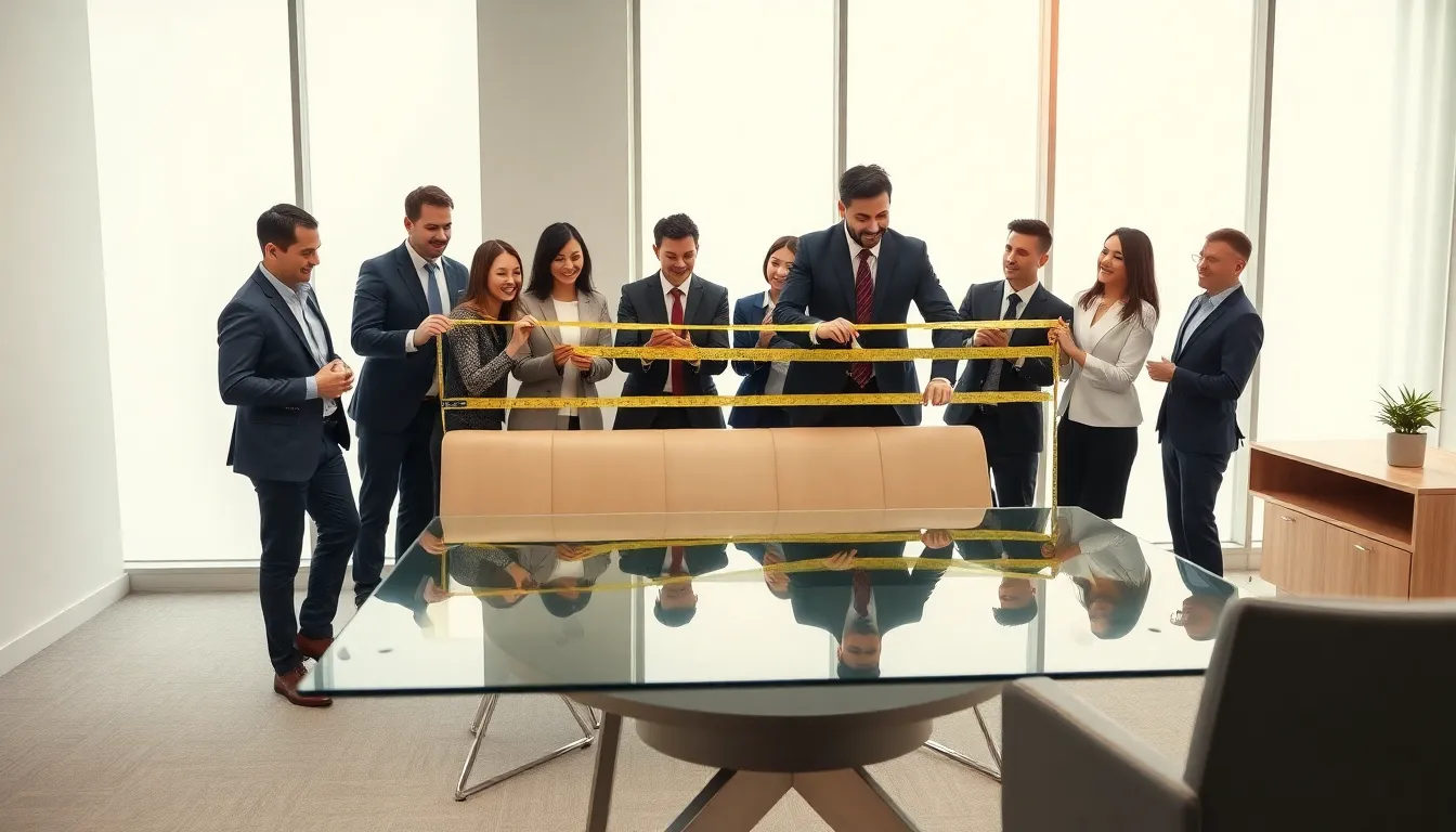 diverse professionals discussing furniture that measures 16.55x40.