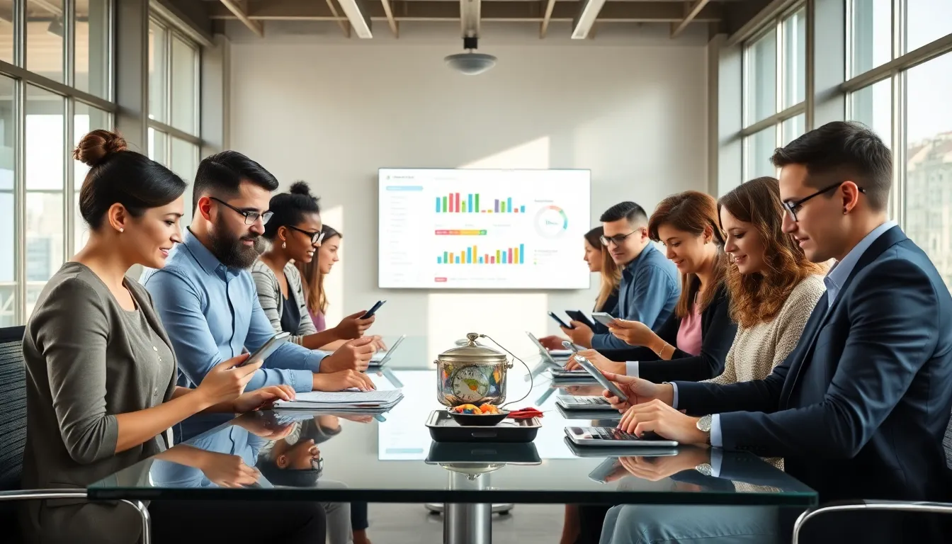diverse adults collaborating on educational apps in a modern office.