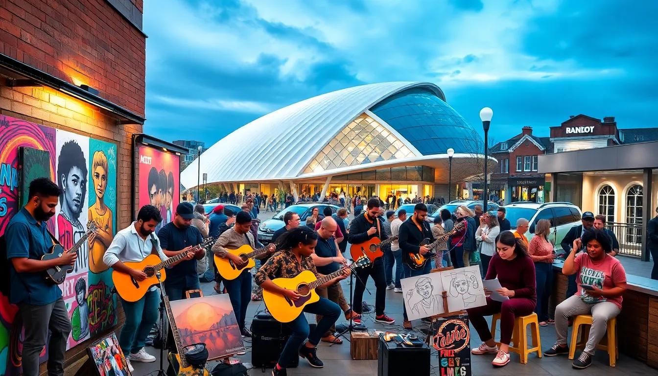 diverse artists in an urban setting celebrating Bristol's pop culture.