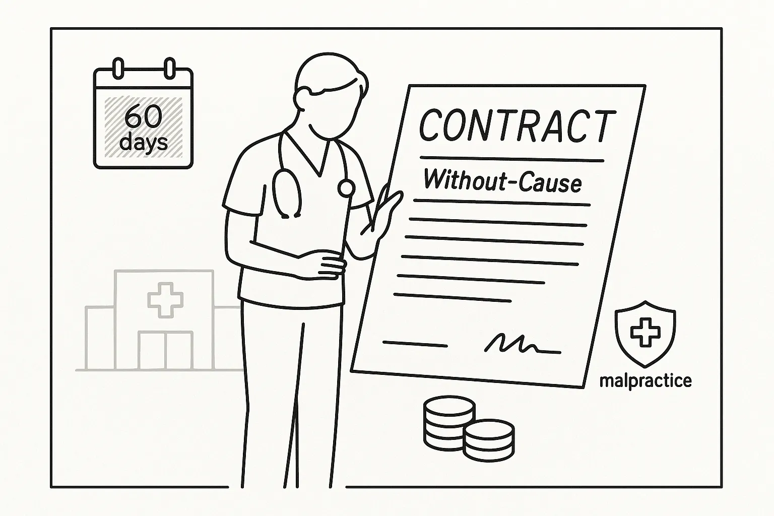 Nurse practitioner reviewing a termination contract with calendar and pay icons.