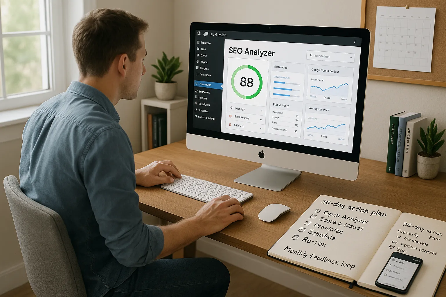 Person in a home office running a Rank Math SEO audit on a computer.