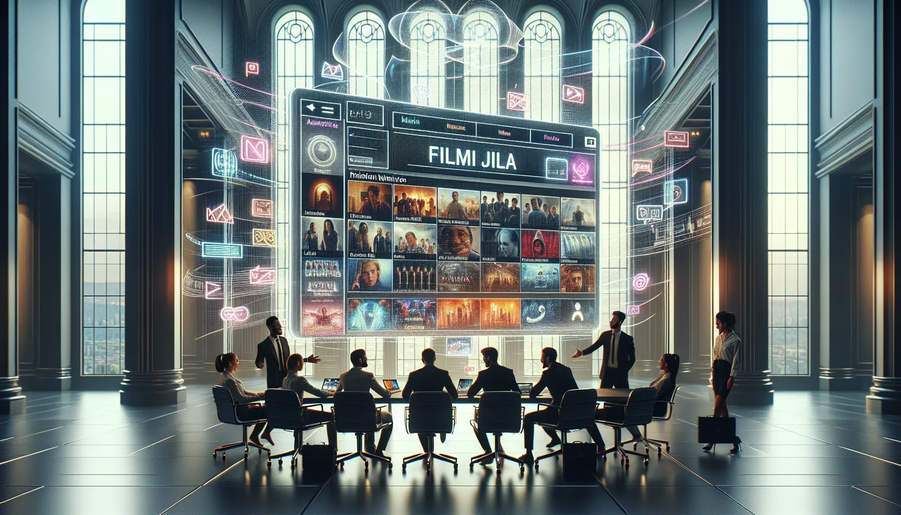 Diverse team discussing films around a modern office table.