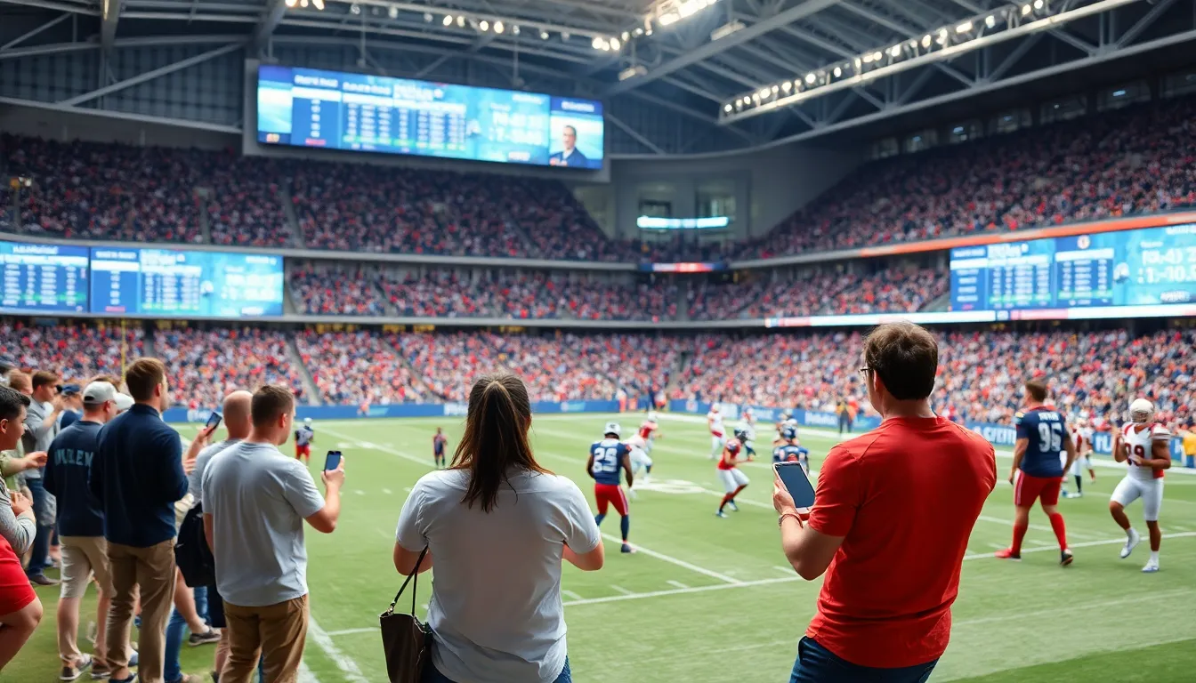 Diverse fans interacting with technology in a modern football stadium.