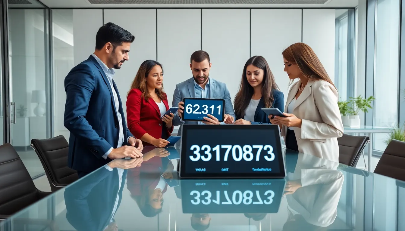 diverse team analyzing the significance of number 6303170873 in an office.