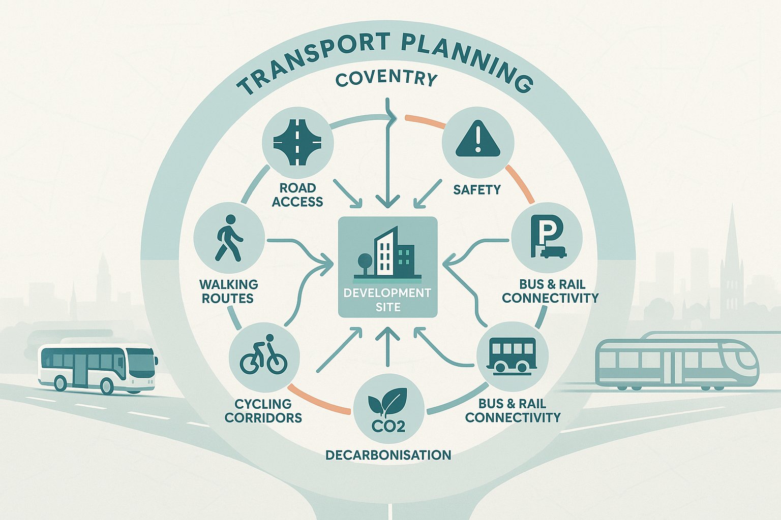 Coventry transport planning infographic linking development, transport networks, and sustainable travel priorities.