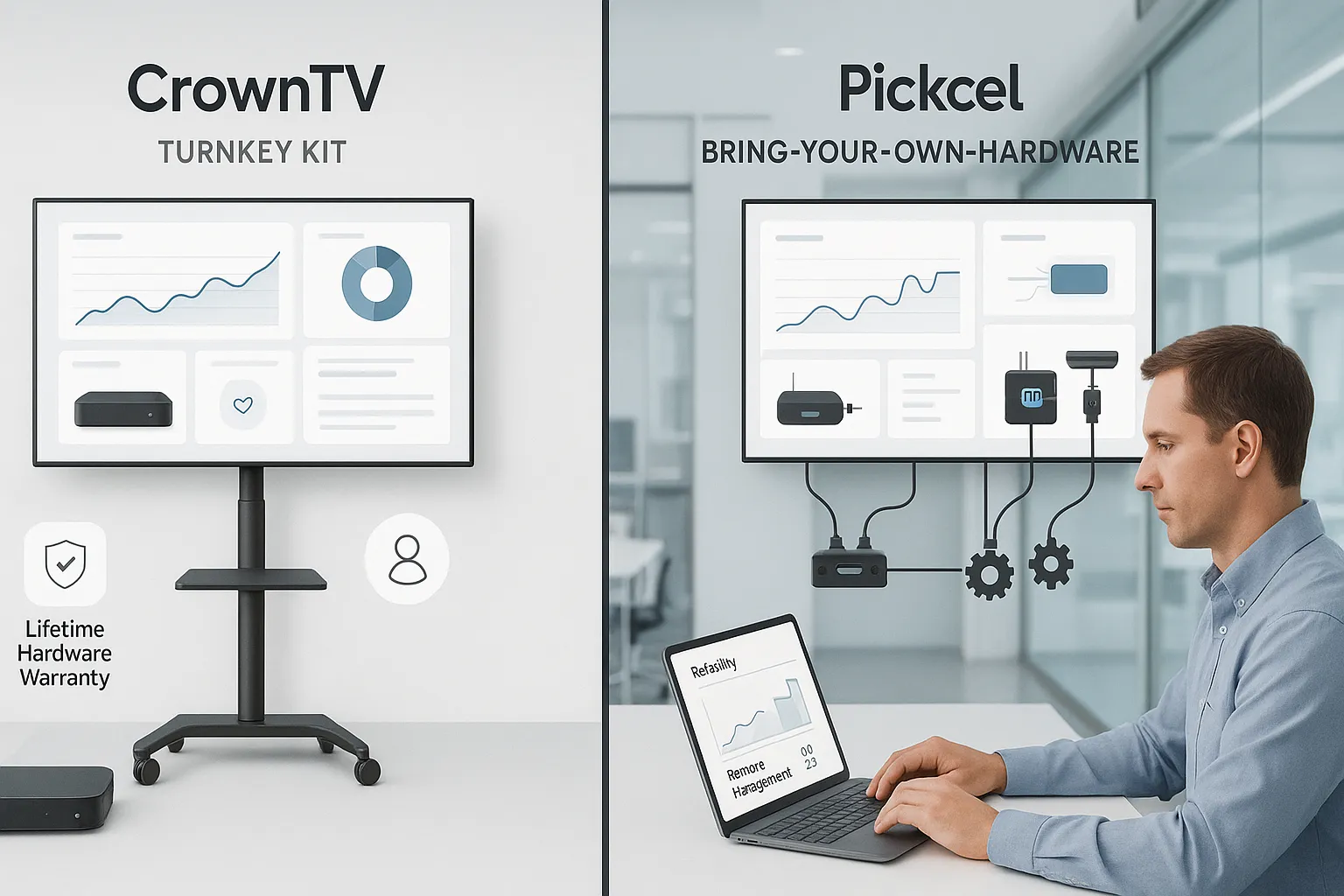 Split-screen showing CrownTV turnkey player and Pickcel BYO hardware options.