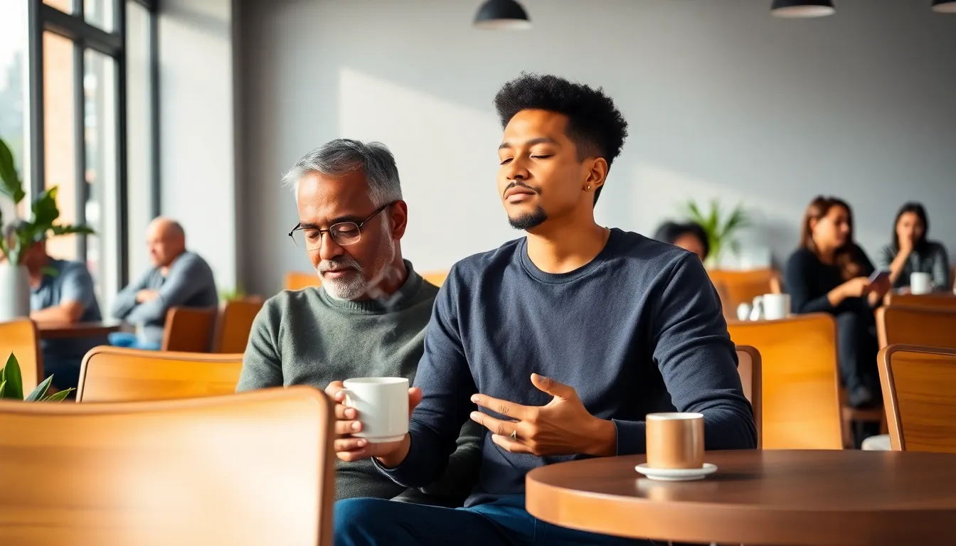 diverse adults practicing mindfulness in a cozy coffee shop.