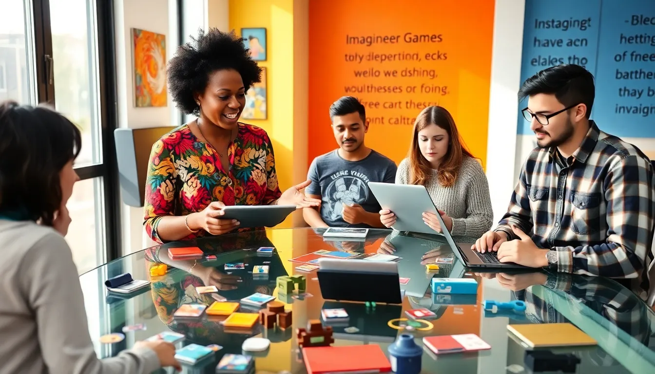 a diverse team of game developers collaborating in a creative studio.