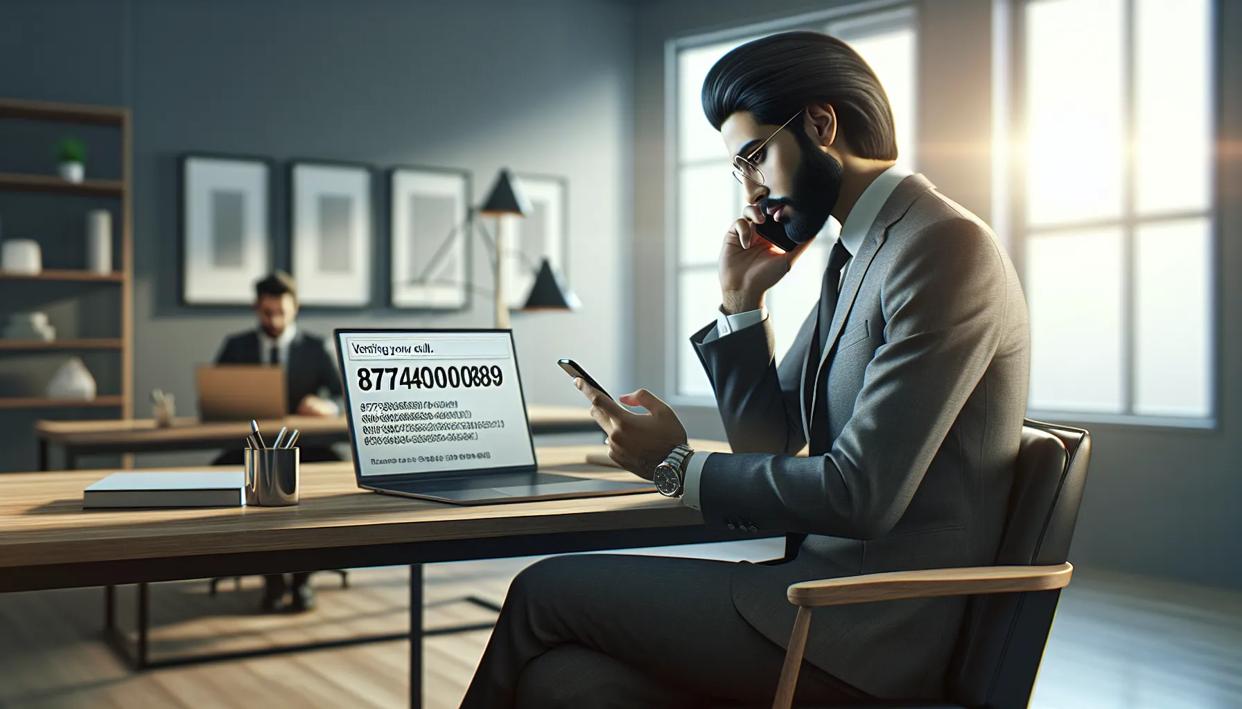individual verifying a call from 8774400089 in a modern office.