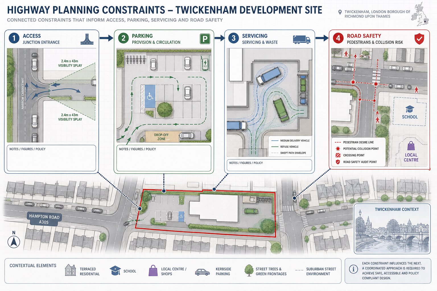 Infographic of access, parking, servicing and road safety for a Twickenham site.