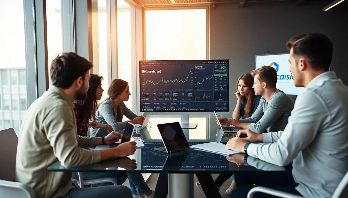 diverse professionals collaborating in a modern office on cryptocurrency trading.