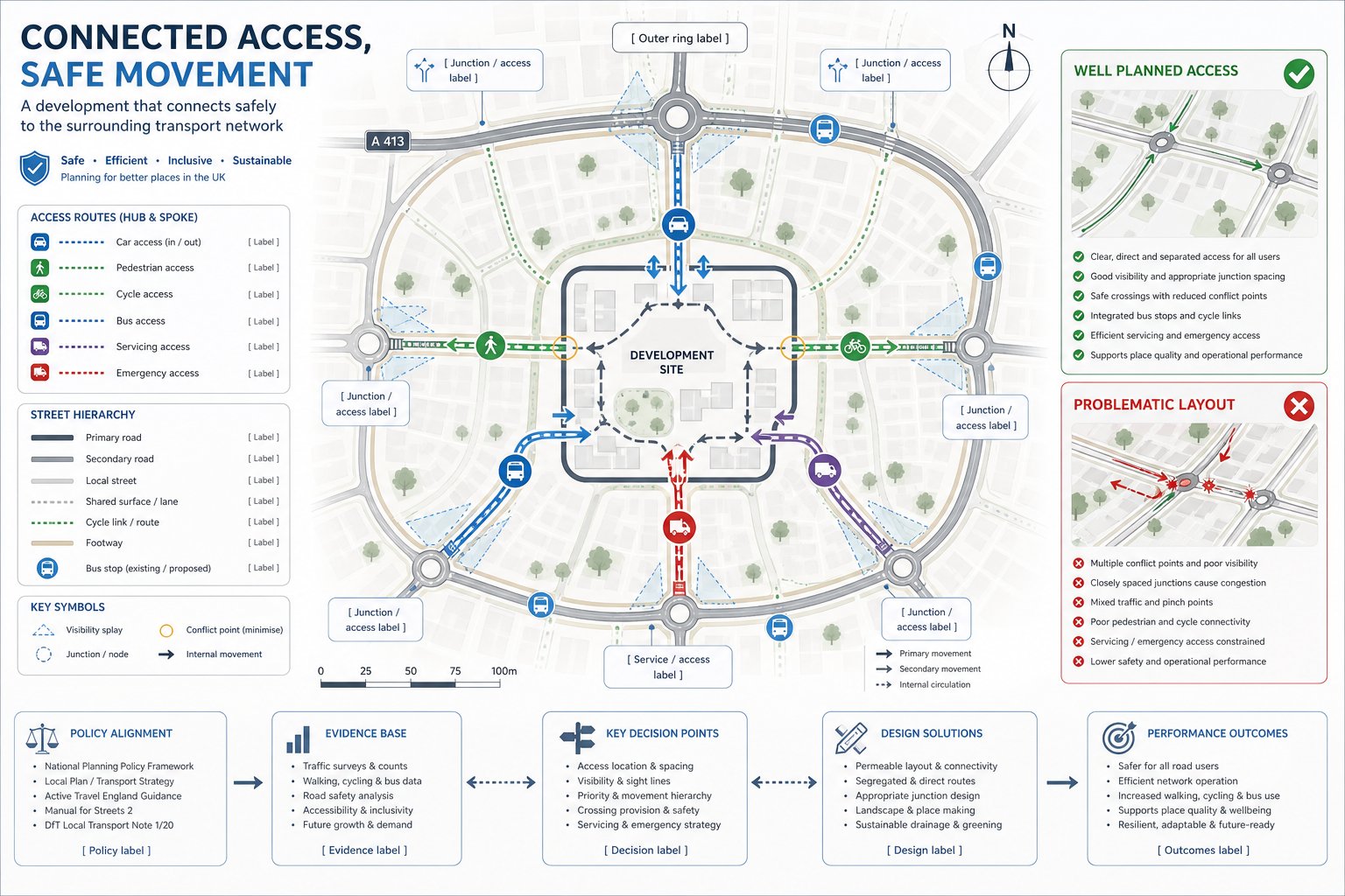 Infographic of a UK development site showing safe access for all transport users.