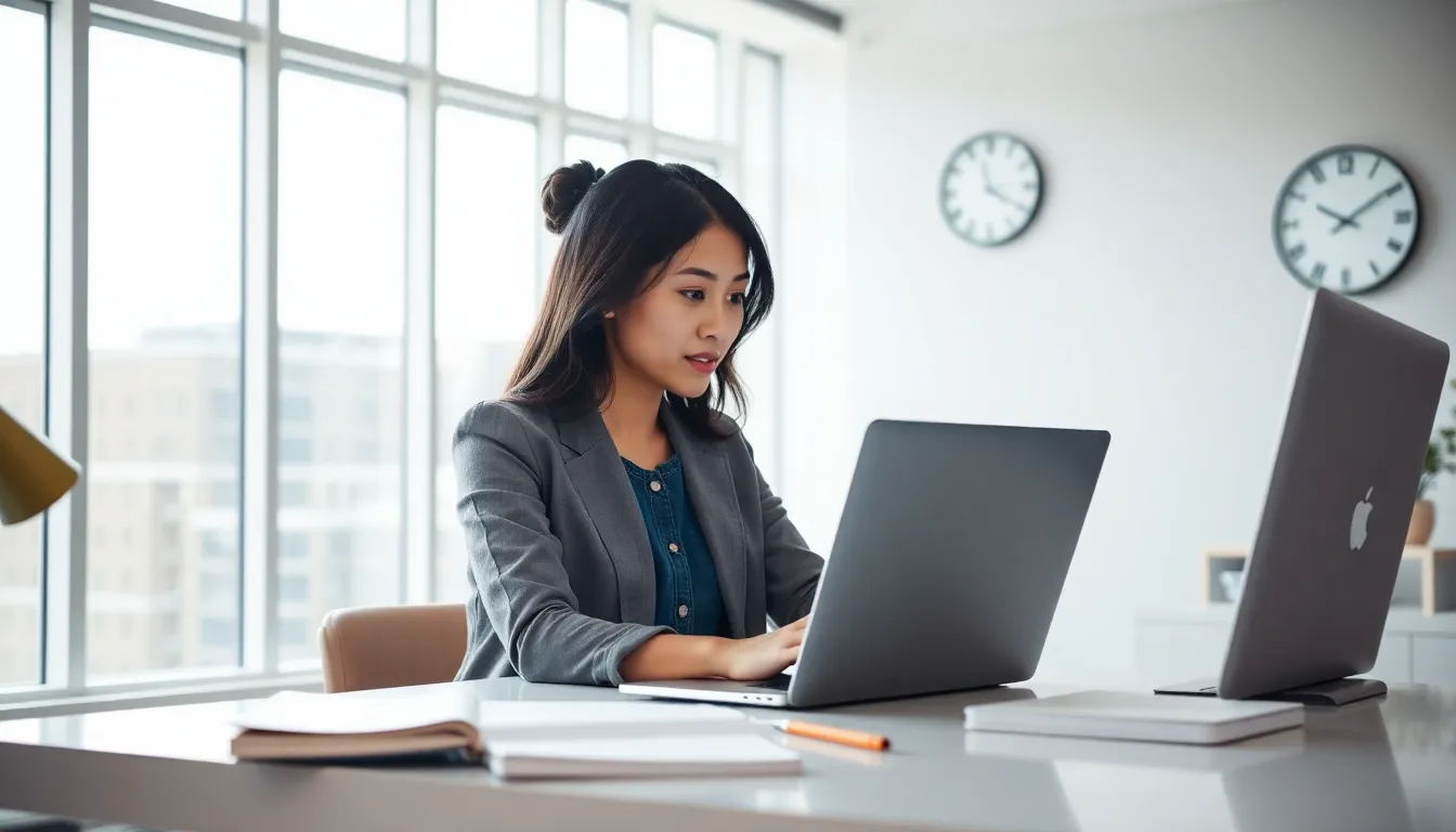 freelancer using time tracking software in a modern office.