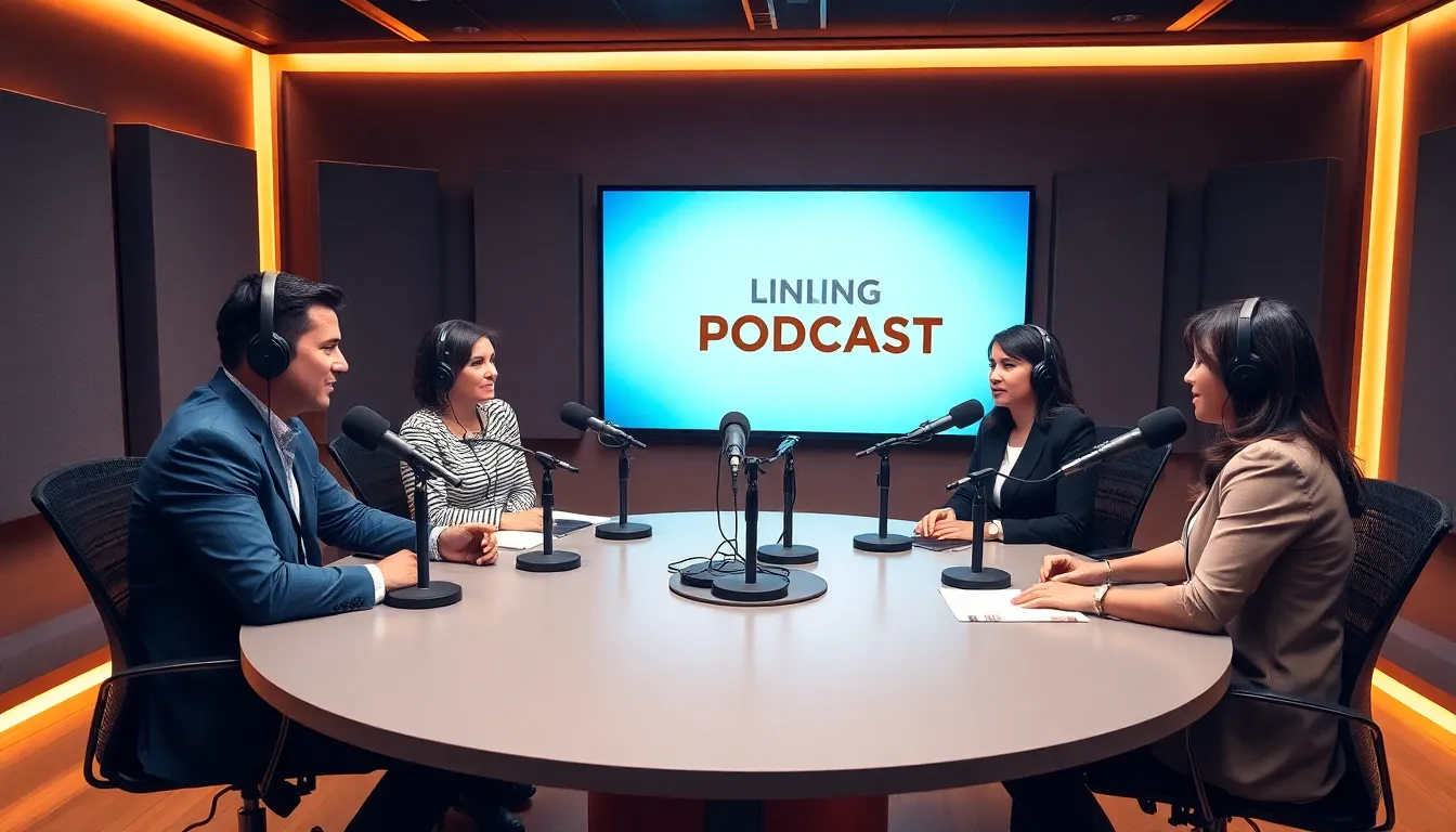 diverse group discussing politics in a modern podcast studio.