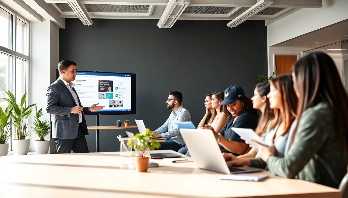 diverse group in a modern classroom engaged in a masterclass session.