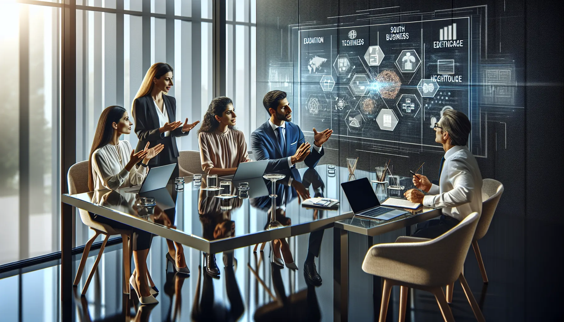 diverse professionals discussing applications in a modern conference room.