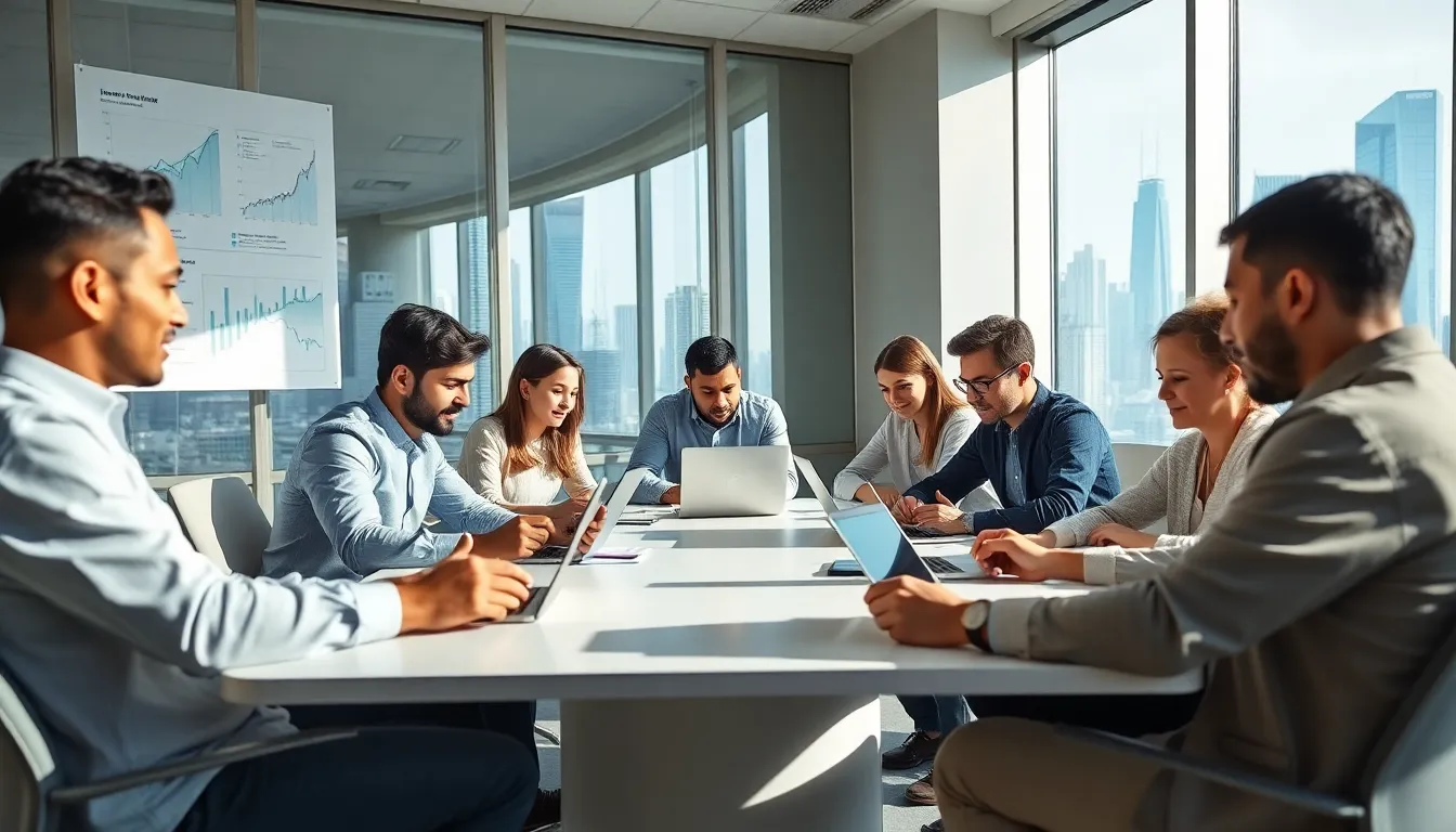 diverse team collaborating in a modern office atmosphere.