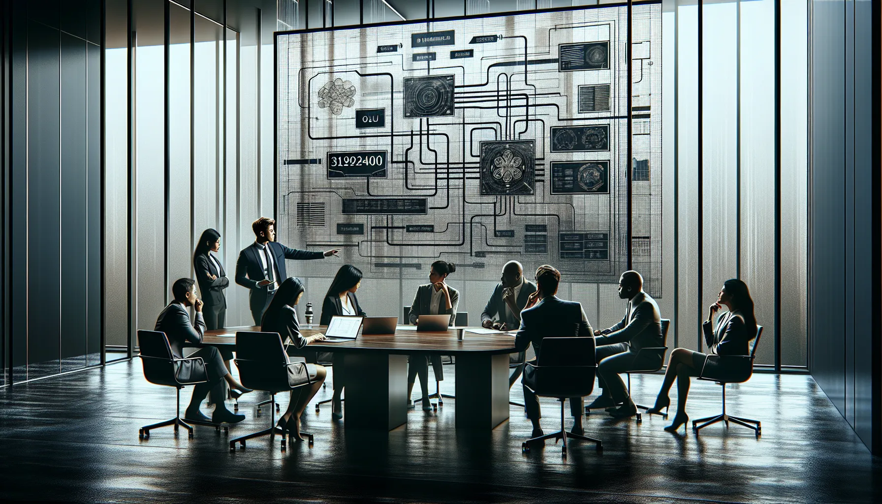 diverse team discussing technical specifications in a modern office.