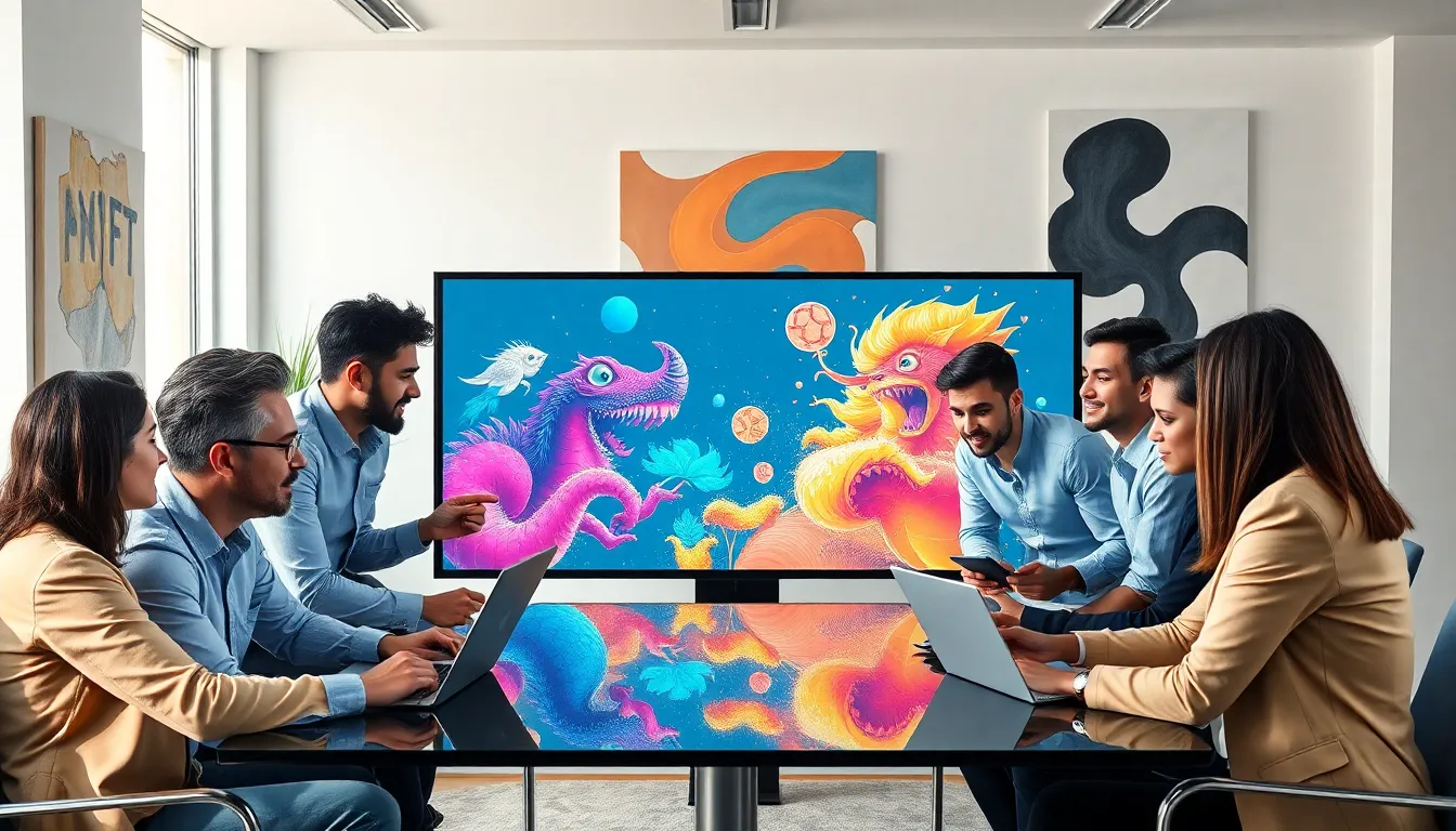 professionals discussing NFTs in a modern office setting.