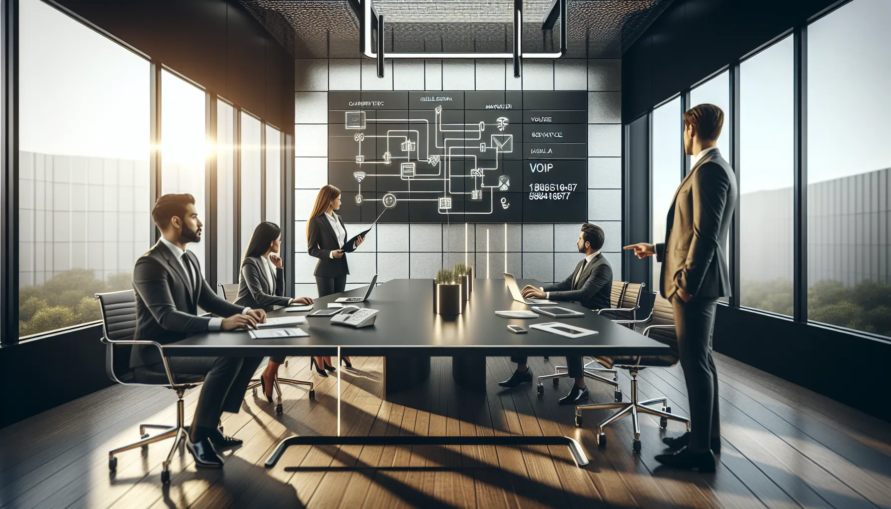 diverse professionals discussing phone number significance in a modern office.