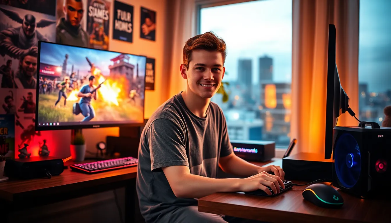 gamer engaged in multiplayer gaming at a stylish home office setup.