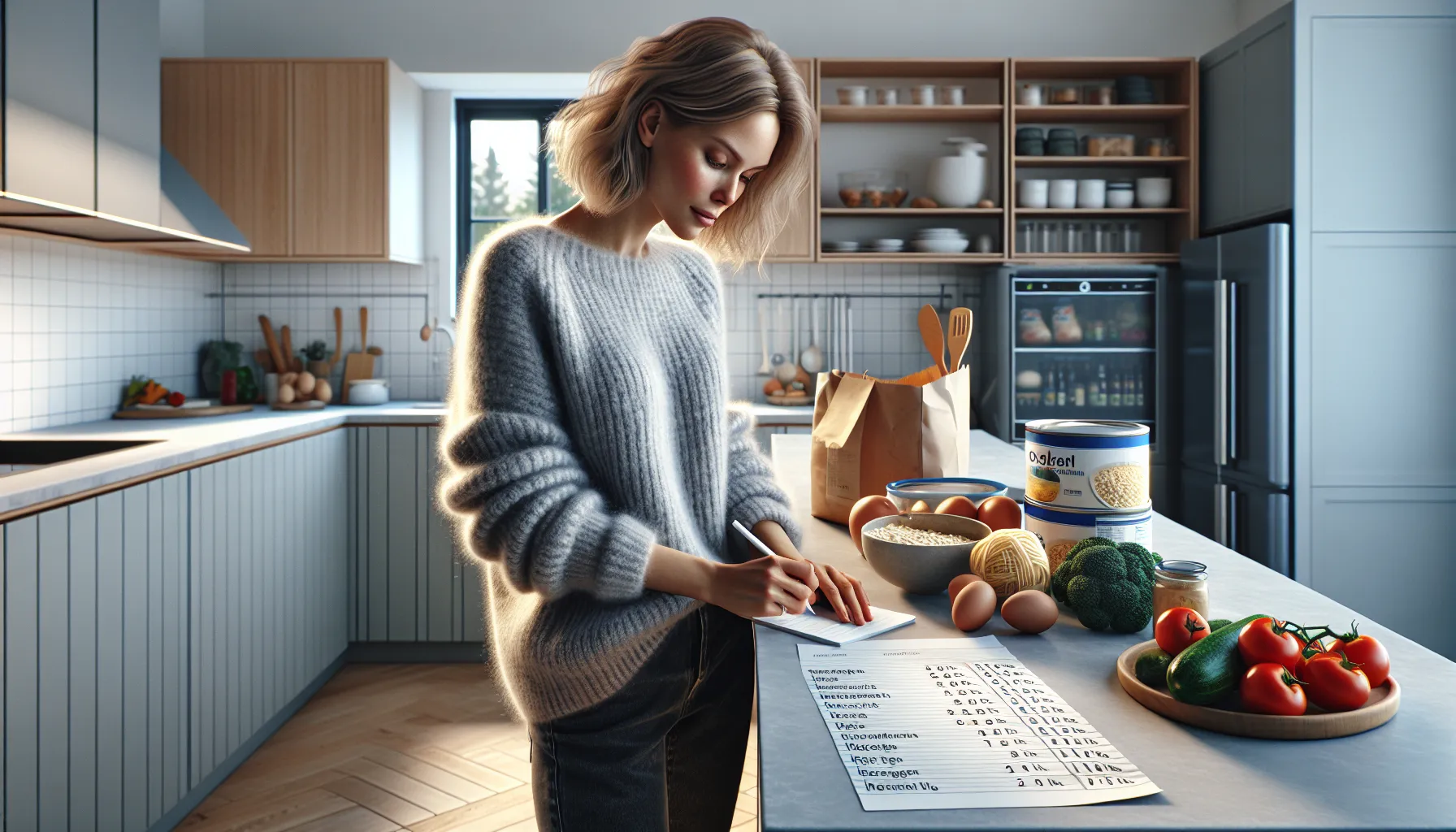 Norwegian woman planning a weekly menu and shopping list in a bright kitchen.