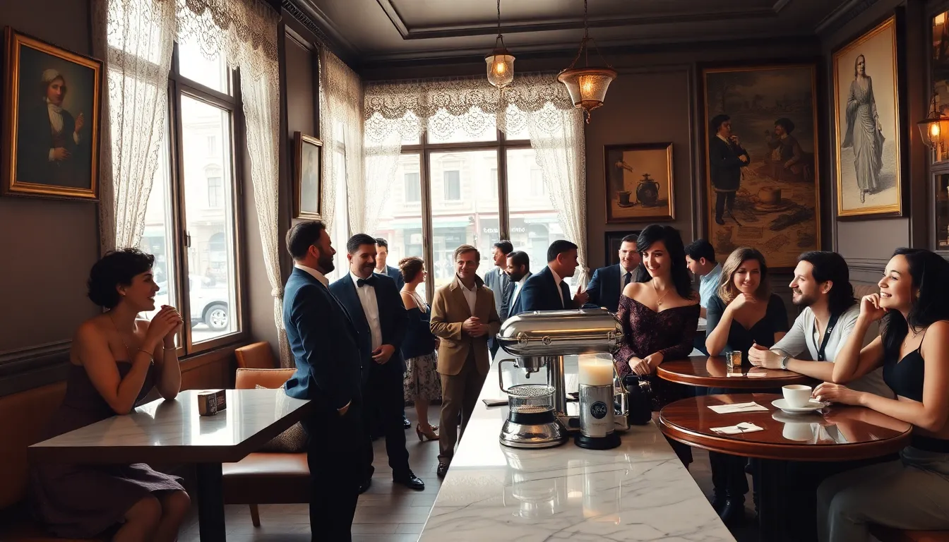 vintage Italian coffeehouse with patrons enjoying coffee and conversation.