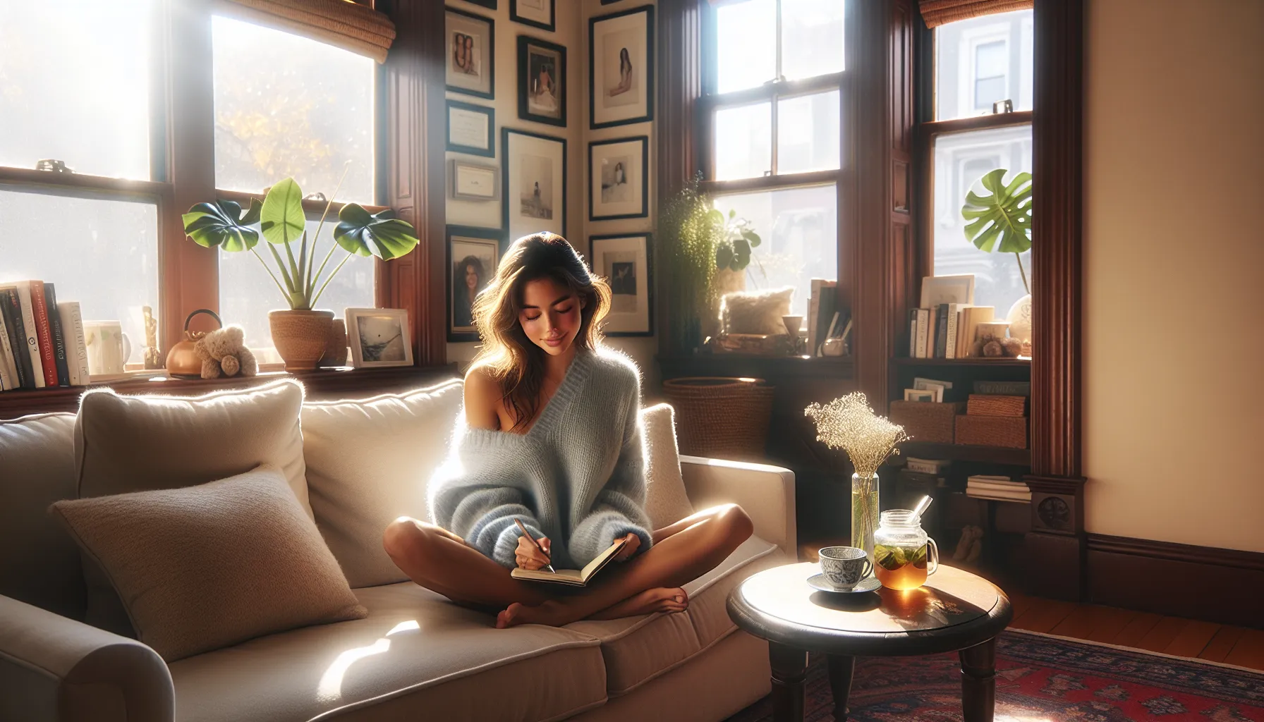 A woman journaling in a cozy living room, reflecting on personal growth.