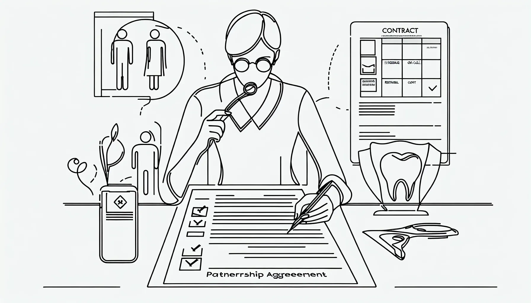 Dentist reviewing a partnership contract with checklist, calendar, and autonomy shield.