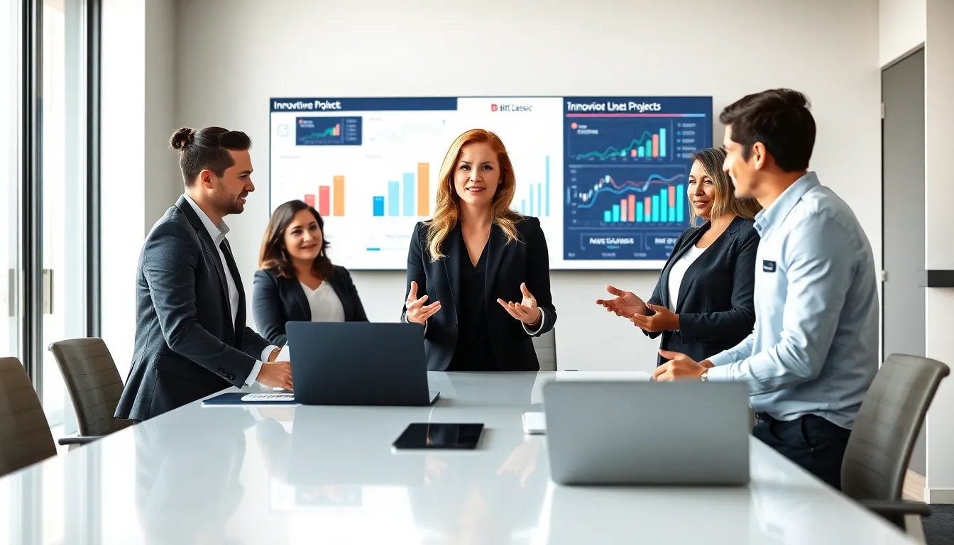 diverse team discussing technology solutions in a modern office.