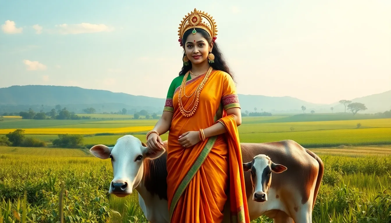 Gowthalamma depicted with a cow in a lush rural landscape.