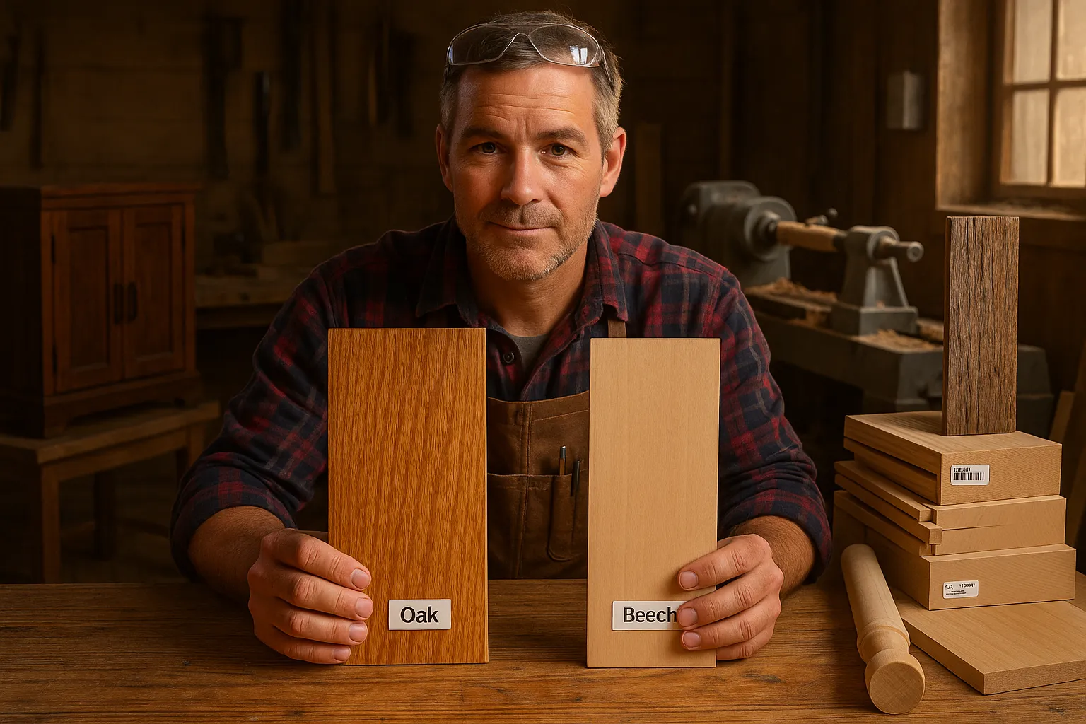 Woodworker holding oak plank and beech turning blank in workshop.