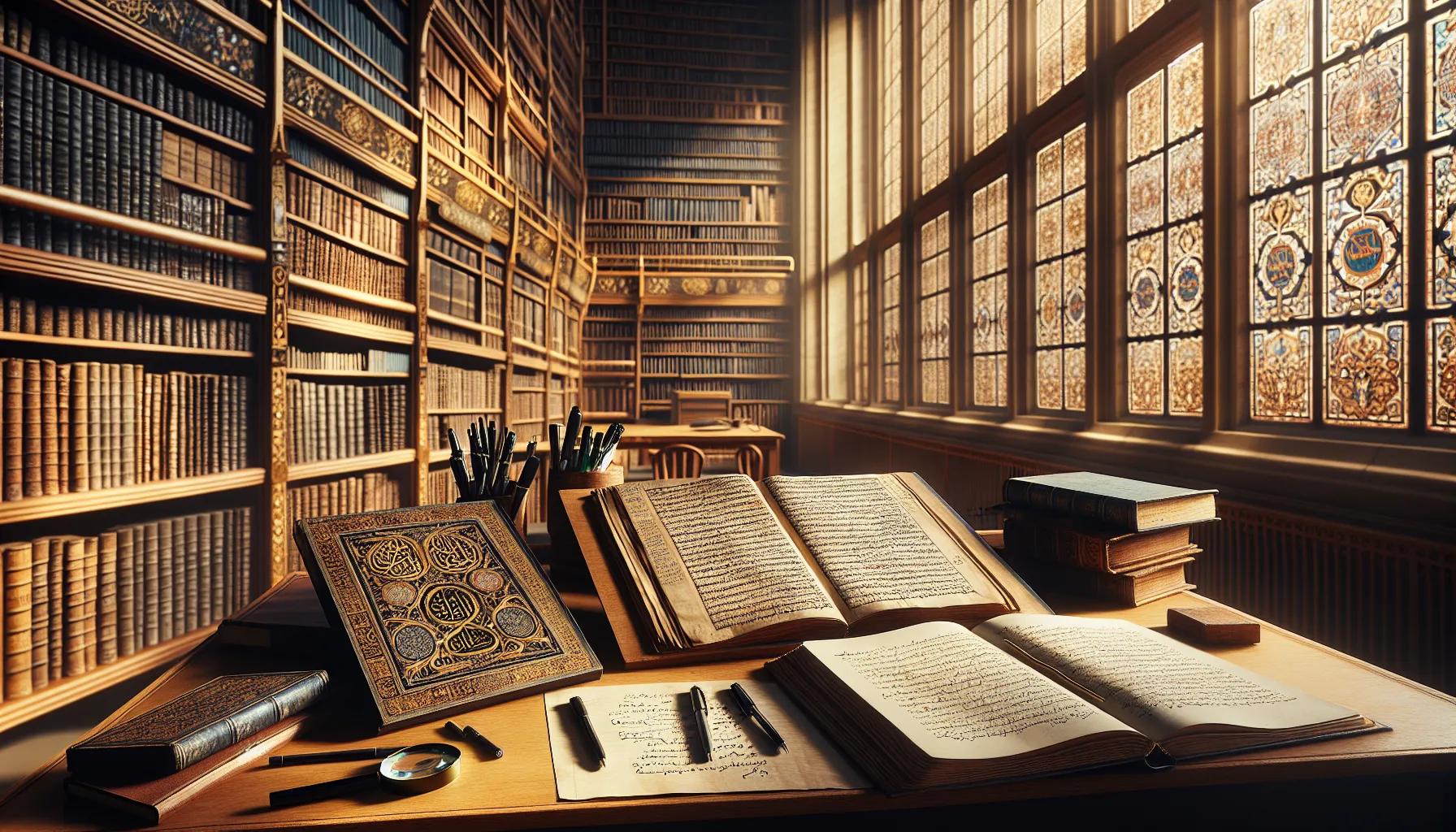A wooden desk with historical religious books under soft natural light.