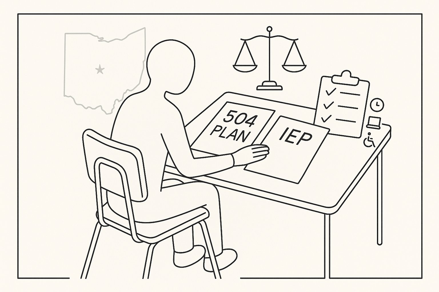 Student at a desk with 504 Plan and IEP documents and scales of justice. - 504 Plans In Ohio A Practical Guide For Parents And Professionals In 2026